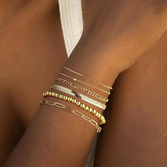 Gold Bracelet Set for Women Beaded Layered Link Herringbone Adjustable Jewelry - Picture 2 of 7